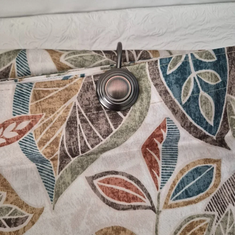 Vtg Excell Fabric Fall Floral Leaf Nature Shower Curtain Cream Brown Teal Rust
